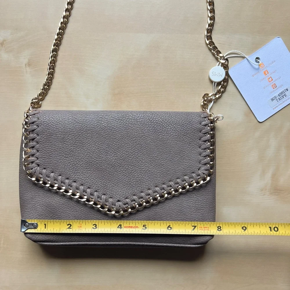 MMS Design Studio Taupe Crossbody Bag with Gold-Tone Chain & Whipstitch Trim - Picture 5 of 10